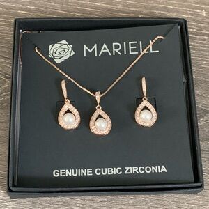 Mariell Rose Gold Pearl Necklace Drop Earrings Wedding Set Brides Bridesmaids
